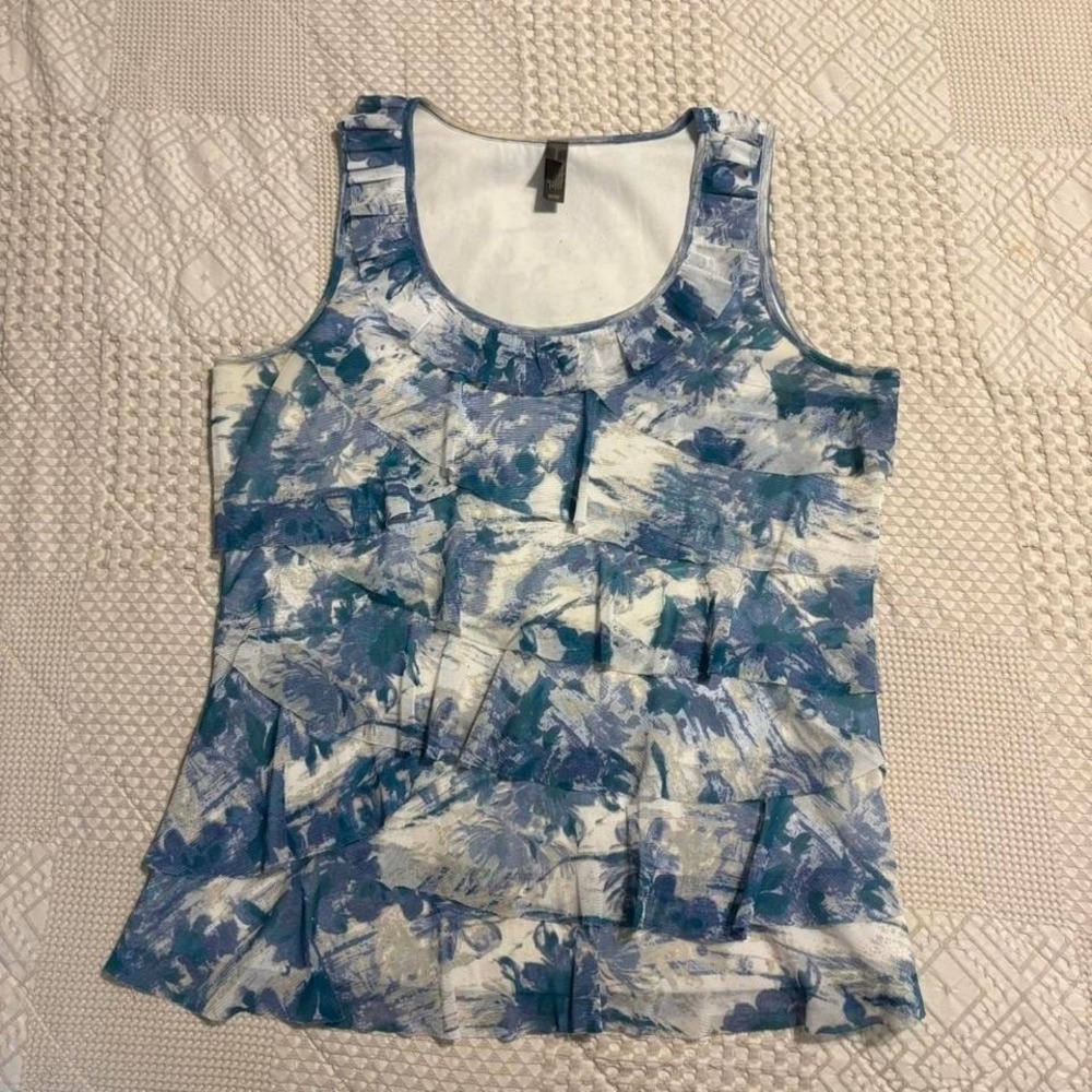 Y2K Coquette Blue Abstract Ruffle Top, M
